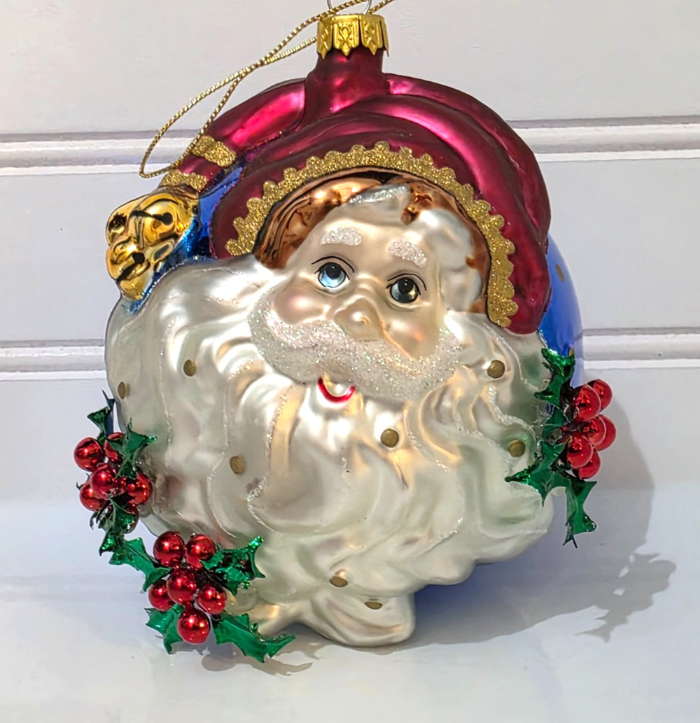 4.5" Santa Claus Face Glass Christmas Ornament Hanging Blue White